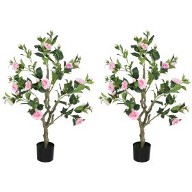 Set of 2 Decorative Artificial Plants, Camellia Flowers in Pots, Fakes Plant for Home Indoor Decor, 39 inch, Pink