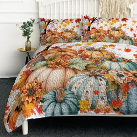 3PCS Colorful Oil Painting Pumpkin Pattern Quilt Set For All Seasons Flower Fall Leaves Bedding Set With 2 Pillowcases For Kids Adults Thanksgivi (Option: Queen-Orange)
